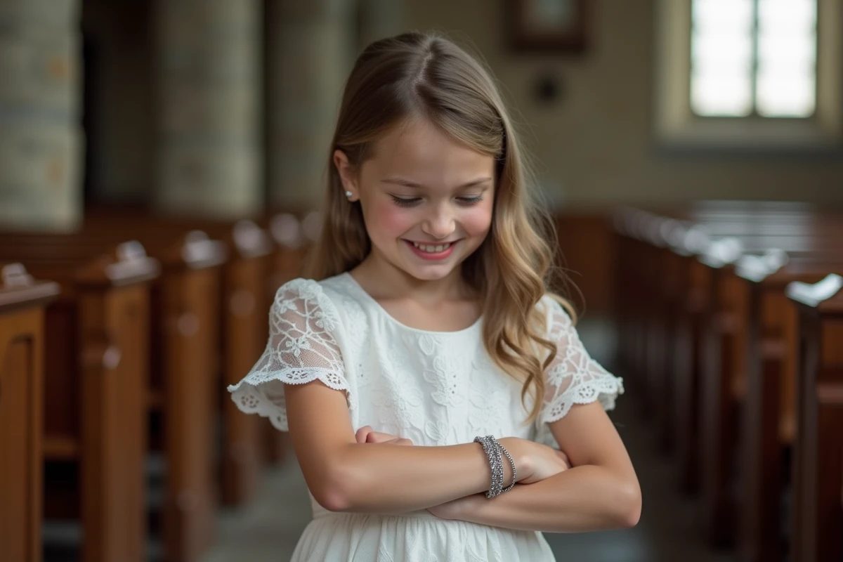 Jeune fille en robe blanche portant une gourmette en argent lors de sa communion