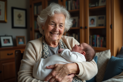 Une grand-mère souriante tient un nouveau-né dans ses bras