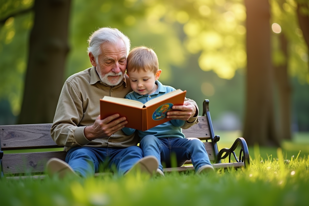Grand-père et petit-fils lisant dans un parc ensoleille
