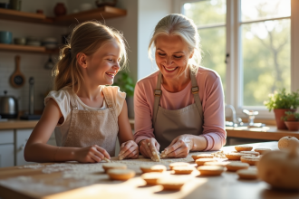 Mamie et petite fille cuisinant des cookies dans la cuisine