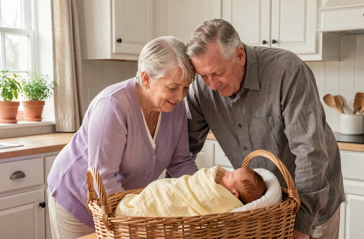 Grands-parents bienveillants se penchant sur le berceau en osier de leur petit-enfant nouveau-né aux cheveux roux dans une cuisine familiale chaleureuse