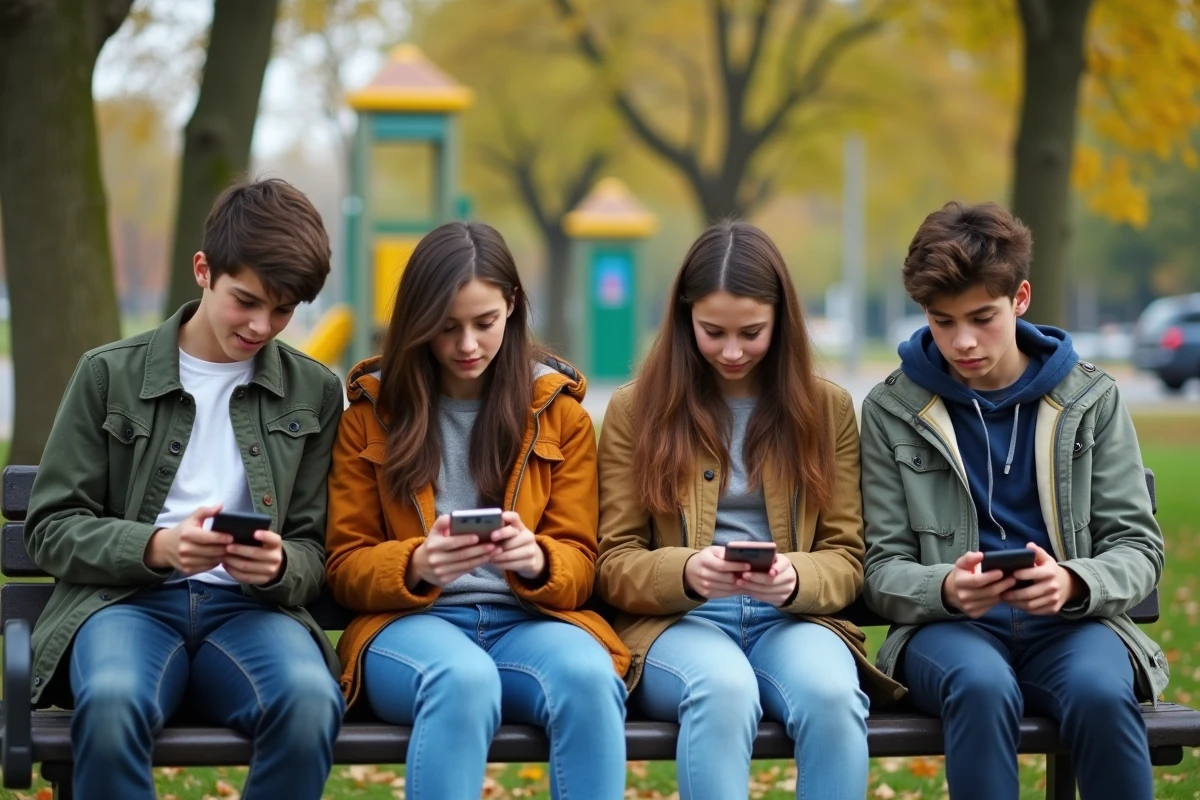 Groupe de quatre adolescents assis sur un banc dans un parc