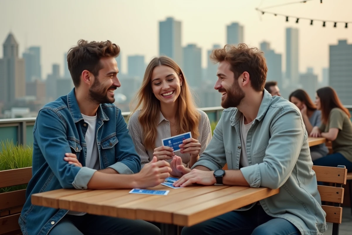Groupe d'amis partageant des jeux à gratter personnalisés sur un rooftop urbain