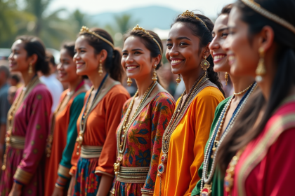 Groupe de personnes en vêtements traditionnels colorés lors d'une fête en plein air