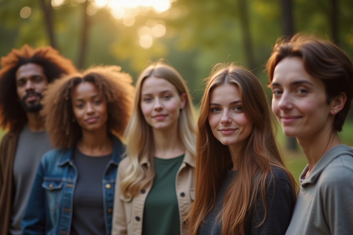 Groupe diversifié de personnes réfléchissant dans un parc au matin