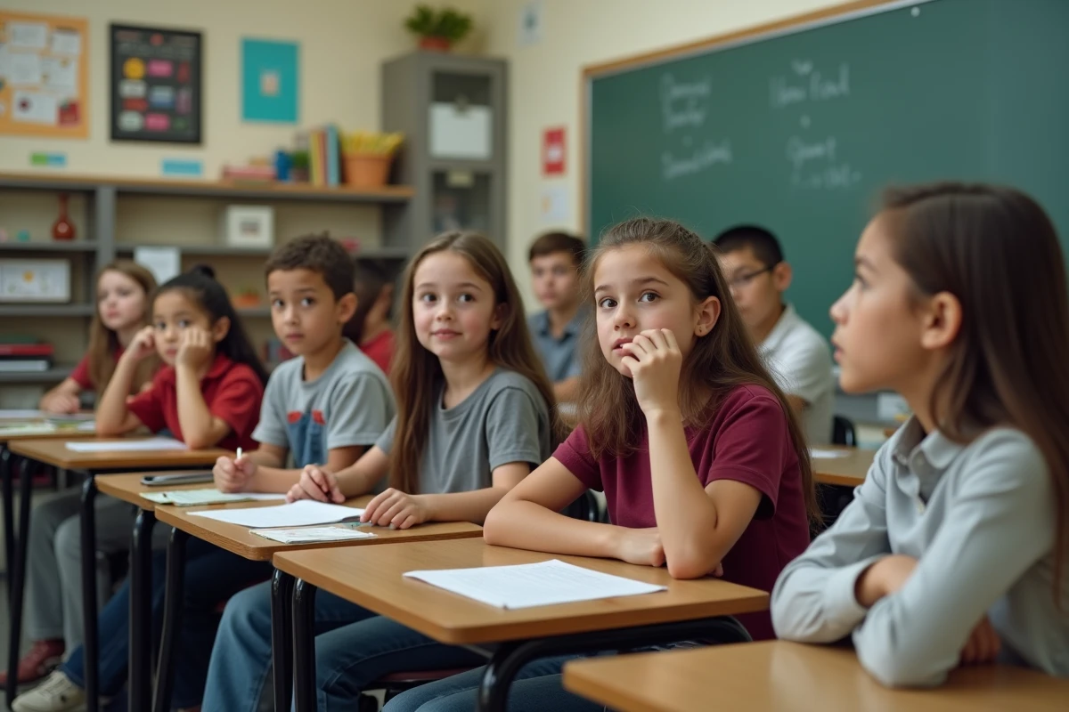 Groupe d'élèves en classe moderne attentifs et engagés