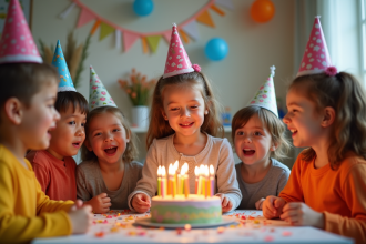 Groupe d'enfants joyeux autour d'un gâteau d'anniversaire