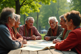 Groupe de Roma partageant un repas en plein air avec livres et carte