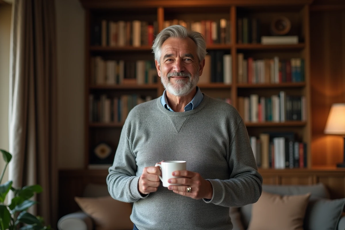 Homme d'affaires détendu dans sa bibliothèque personnelle tenant une tasse de café, évoquant sa vie privée et son quotidien hors du monde professionnel