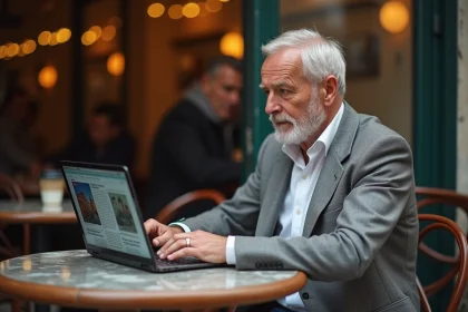 Homme attablé dans un café parisien consultant des actualités sur un ordinateur portable, illustrant les rumeurs et théories sur André Louis Auzière