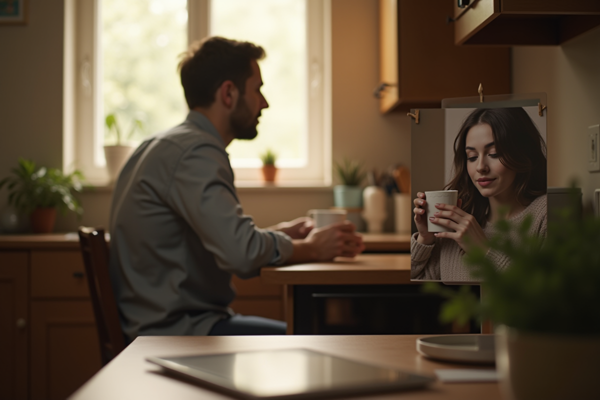 Homme seul buvant un café dans une cuisine lumineuse