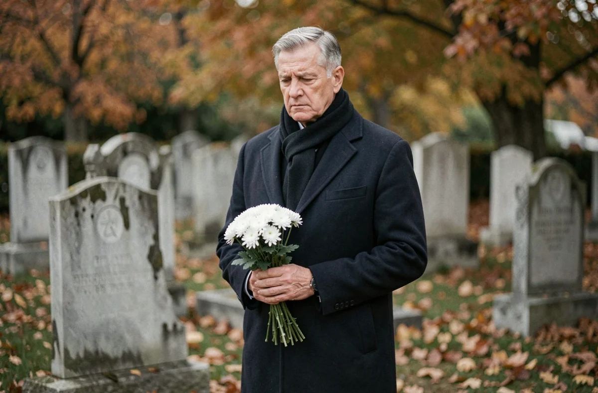 Homme âgé debout seul dans un cimetière en automne tenant des chrysanthèmes blancs devant une tombe, évoquant la commémoration de l'anniversaire d'un décès