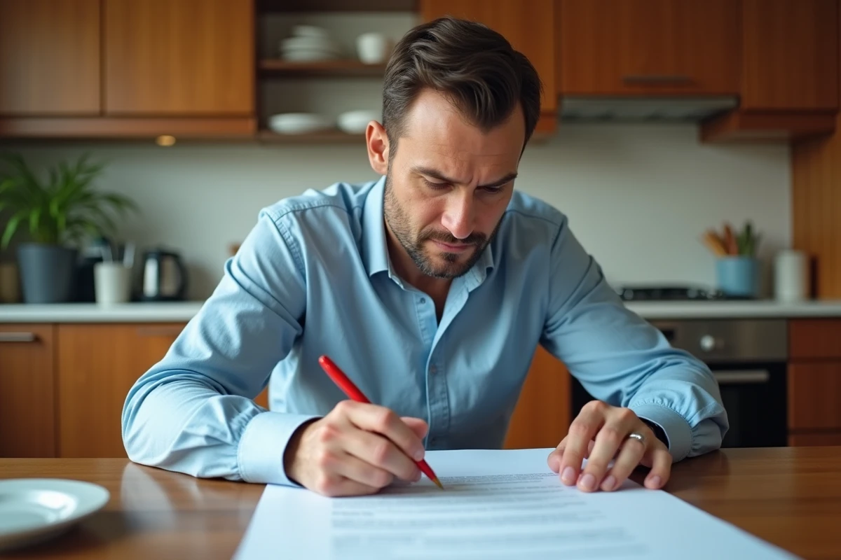 Homme relisant et corrigeant un courrier officiel de demande de congé parental à domicile