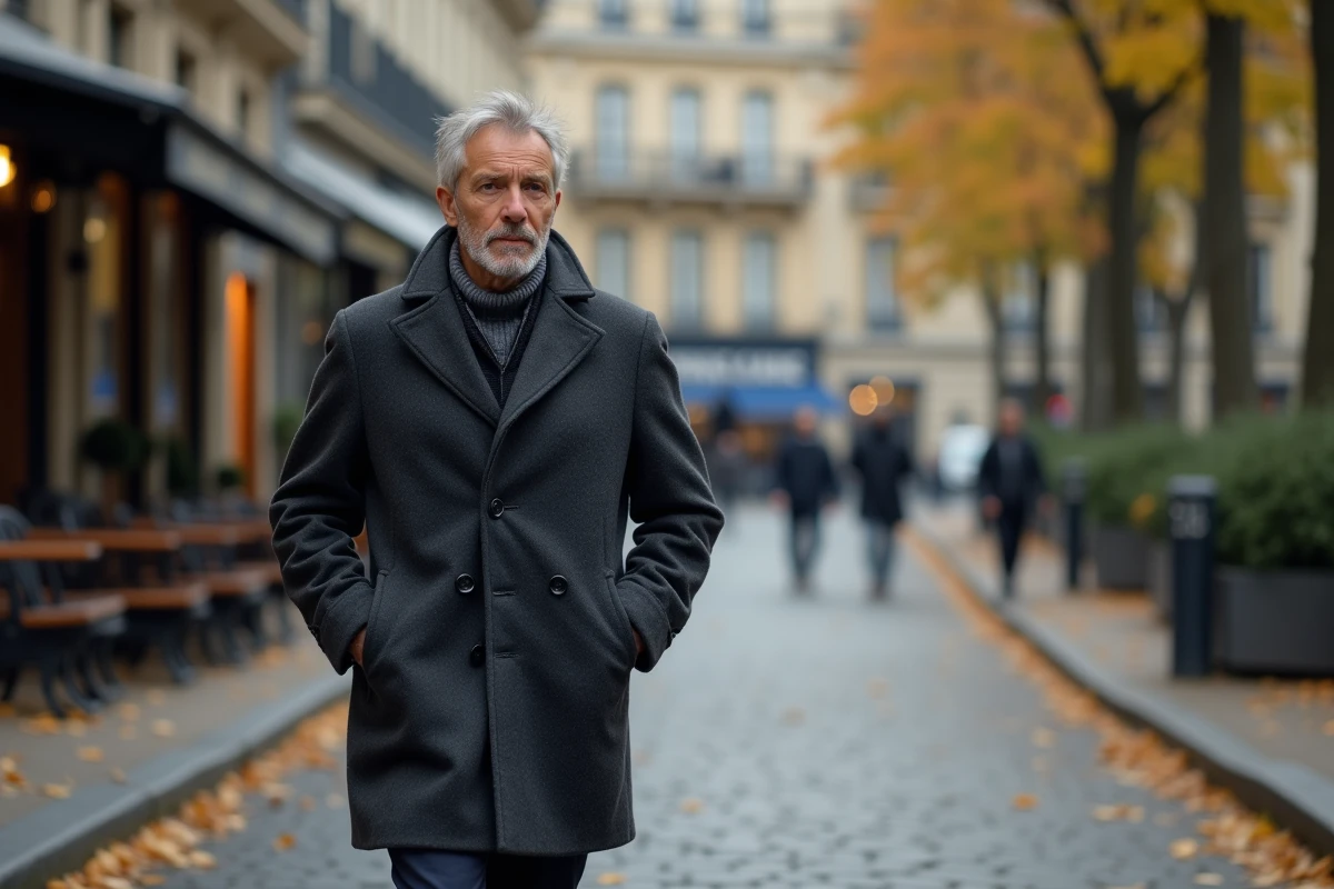 Homme élégant en manteau gris marchant seul sur un boulevard parisien en automne, air pensif et discret