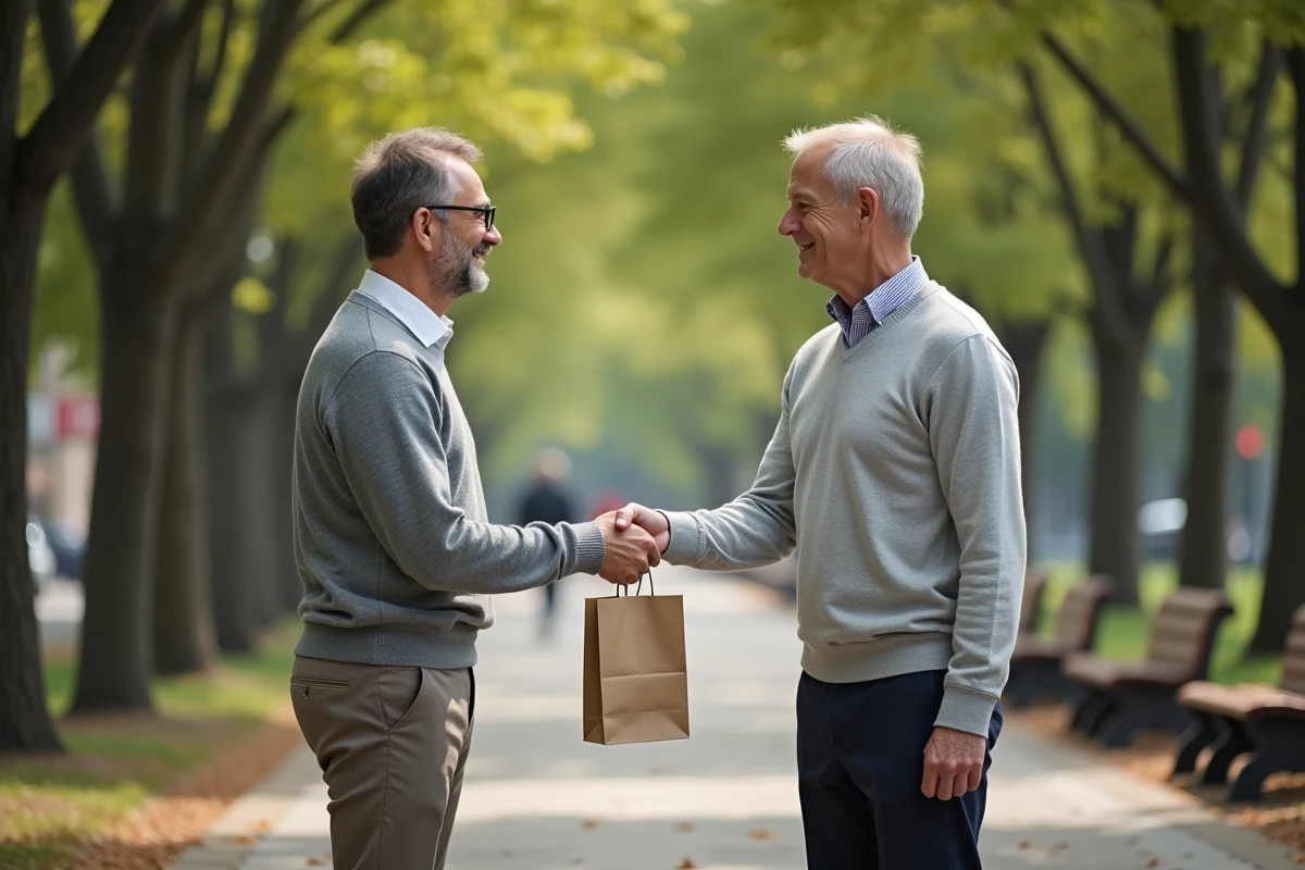 Homme donnant un cadeau d anniversaire à un ami dans un parc