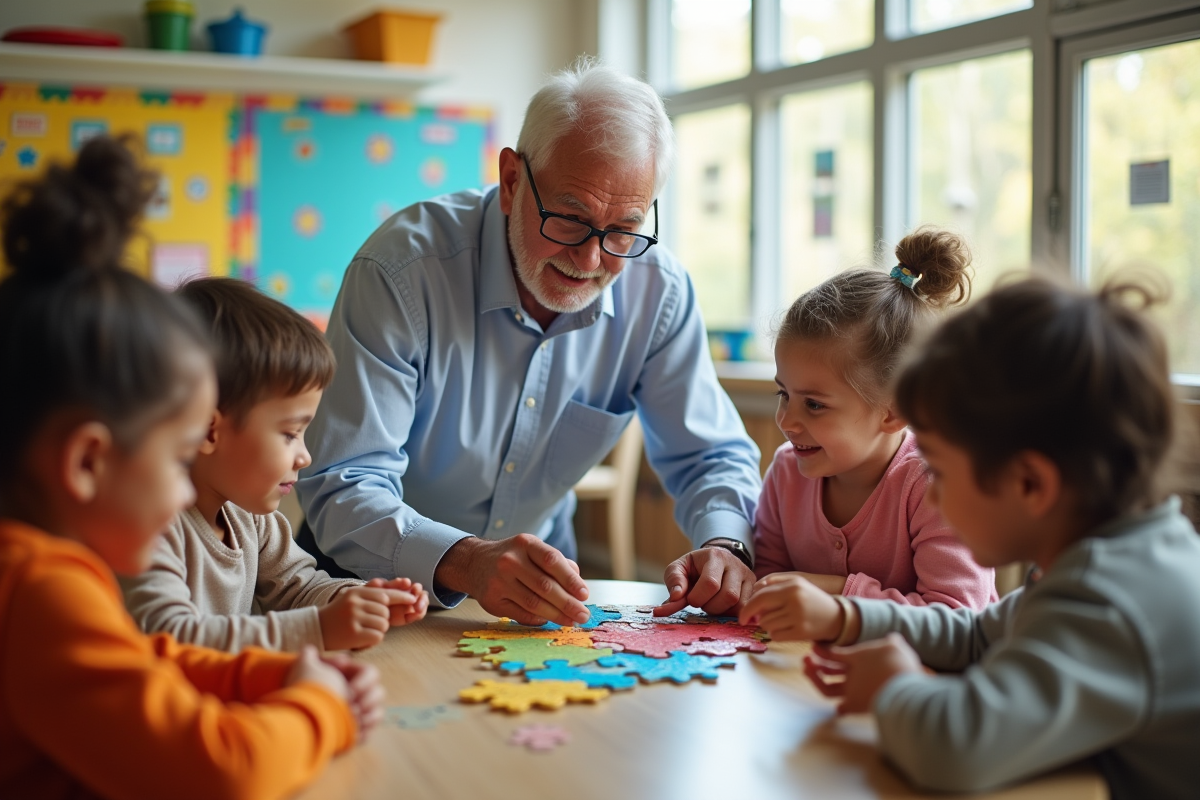 Homme âgé guidant des enfants lors d’un puzzle en centre communautaire