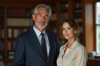 Homme d'âge moyen en costume bleu avec une femme dans un bureau chaleureux