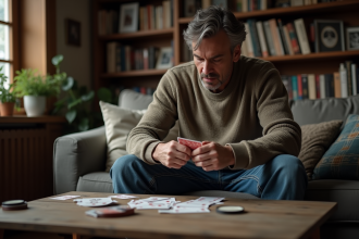 Homme d'âge moyen pensif avec cartes dans un salon chaleureux