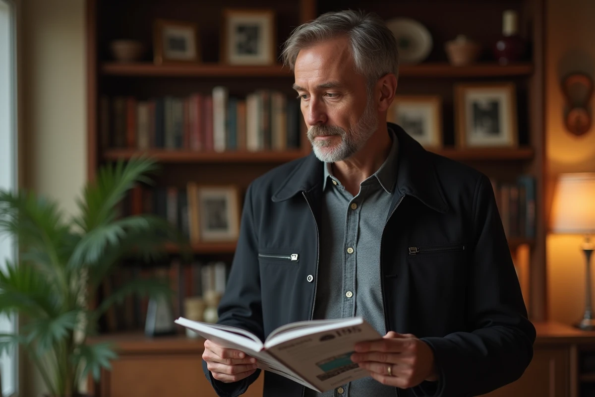 Homme en intérieur lisant un magazine dans un cadre chaleureux