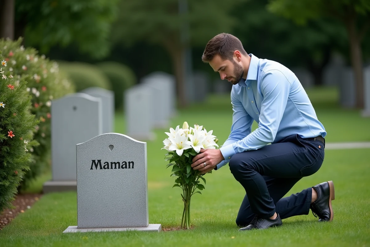 Jeune homme d&eacute;posant des fleurs devant une tombe dans un cimeti&egrave;re