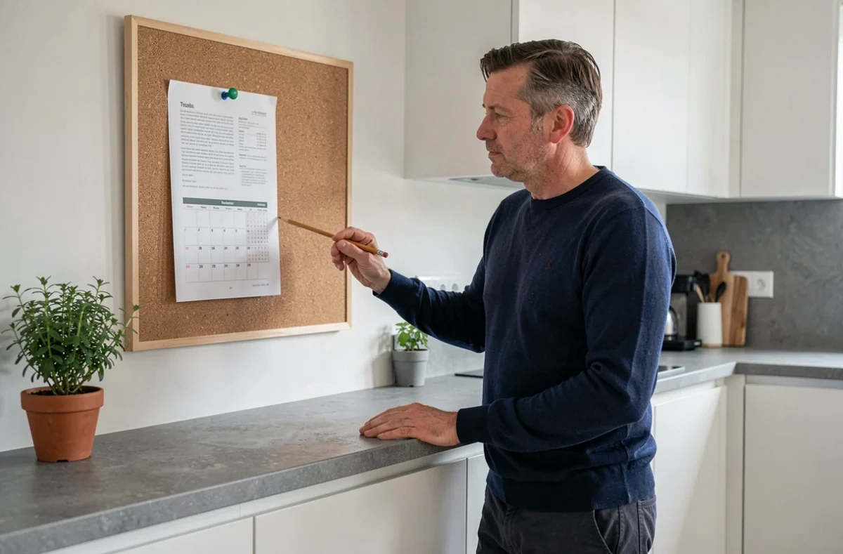 Homme consultant un planning semaines paires impaires 2026 affiché dans une cuisine moderne