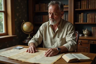 Homme examinant des documents généalogiques anciens et des photographies de famille sur un bureau en bois dans une étude provinciale française