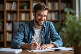 Homme en denim écrivant dans un carnet dans un bureau cosy