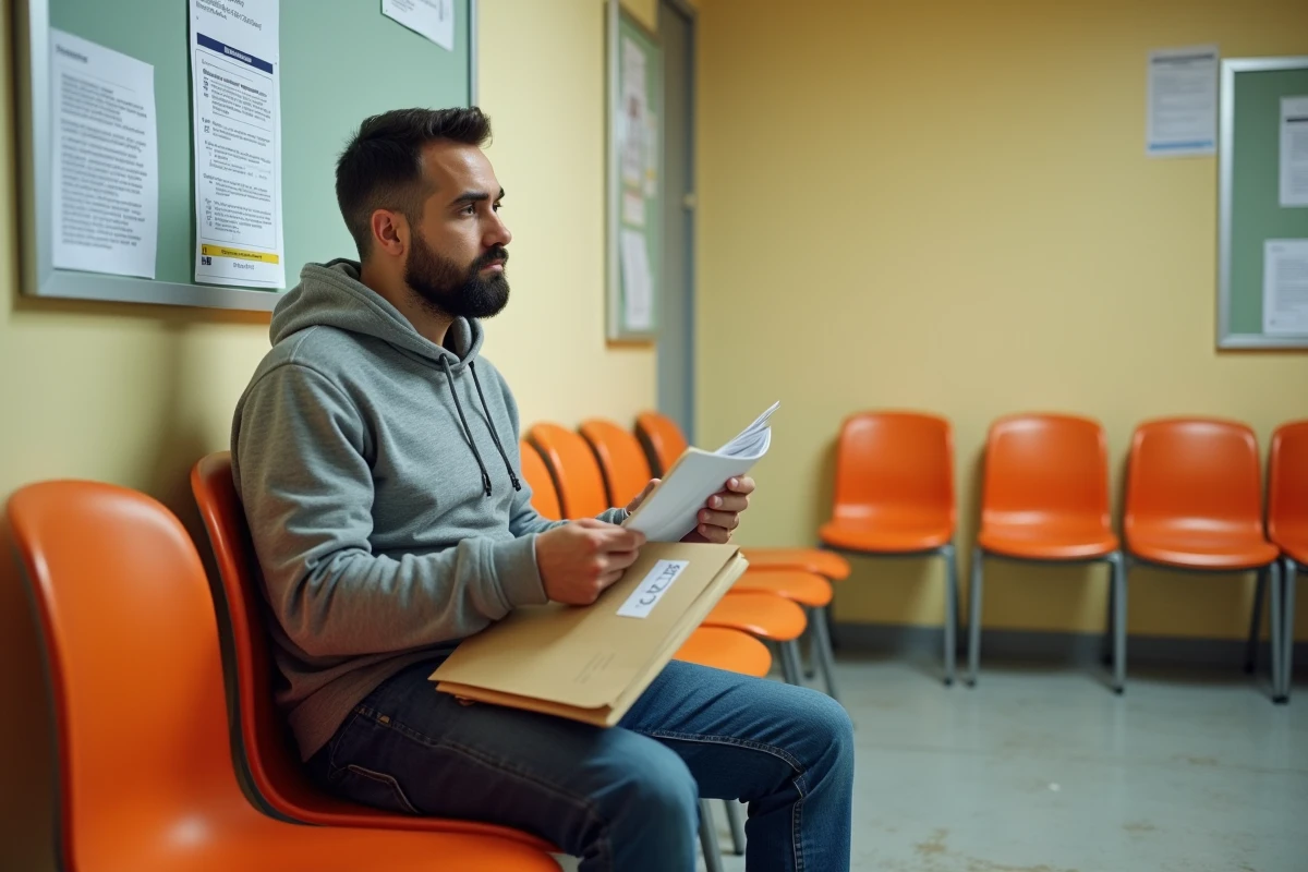 Homme en salle d'attente d'un organisme social tenant des documents administratifs
