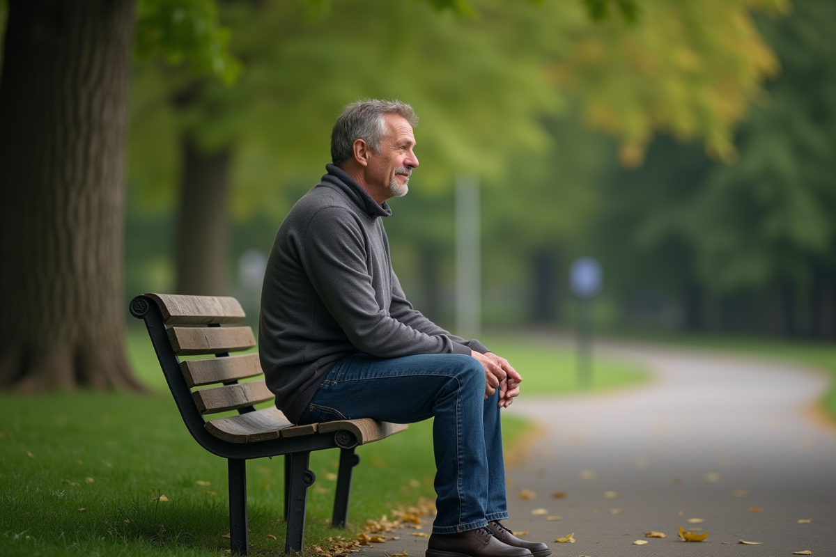 Homme seul assis sur un banc dans un parc