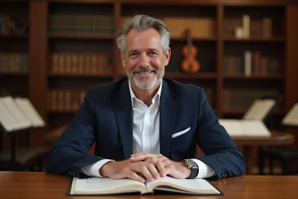 Homme en costume dans un conservatoire de musique