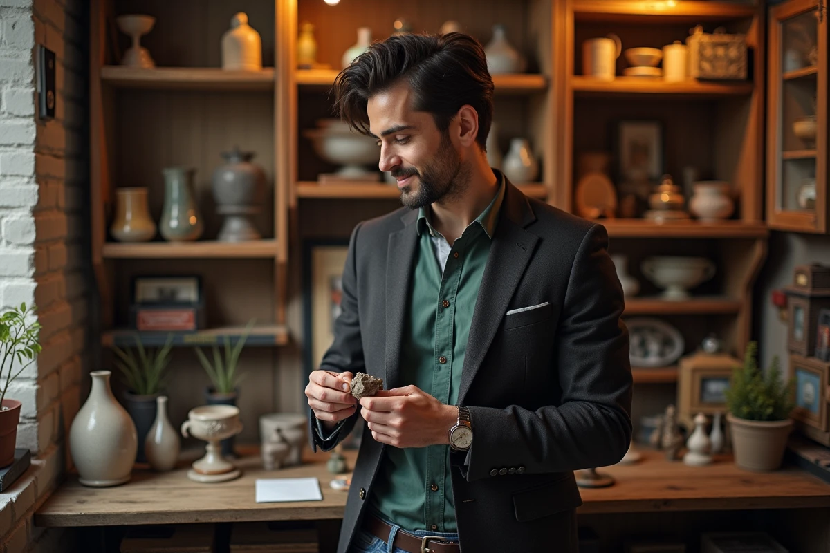 Hugo Antakis examine un objet rare dans une boutique vintage