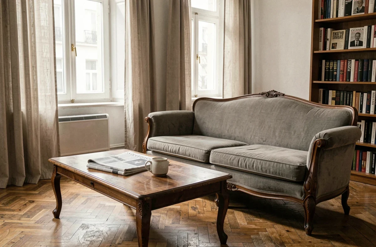Intérieur d'un appartement parisien sobre et élégant évoquant la vie privée préservée d'un couple issu du monde médiatique