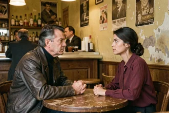Couple hors normes dans un bistro parisien des années 1970, évoquant l'univers de Jacques Mesrine et María de la Soledad