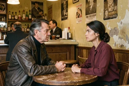 Couple hors normes dans un bistro parisien des années 1970, évoquant l'univers de Jacques Mesrine et María de la Soledad
