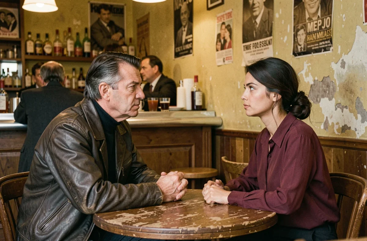 Couple hors normes dans un bistro parisien des années 1970, évoquant l'univers de Jacques Mesrine et María de la Soledad