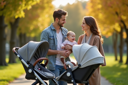 Jeune couple dans un parc comparant deux poussettes modernes