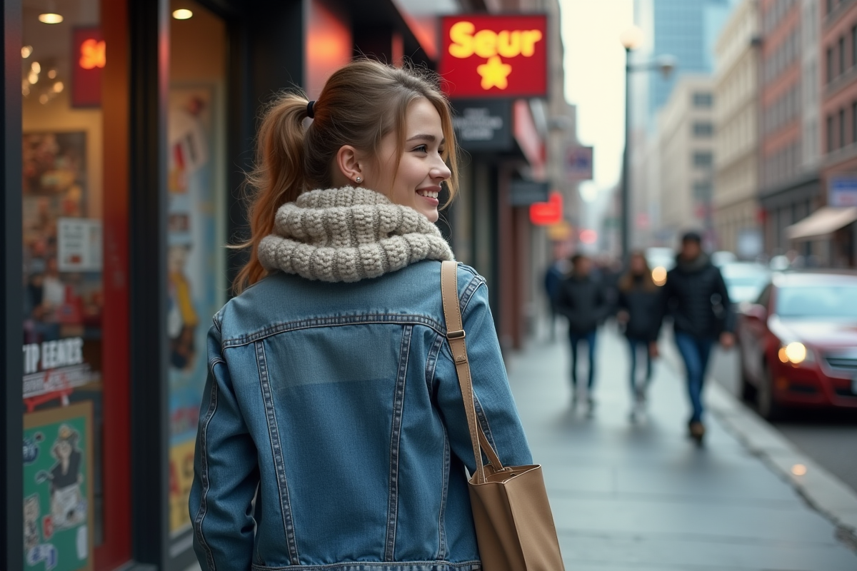 Jeune femme souriante quittant une arcade en ville