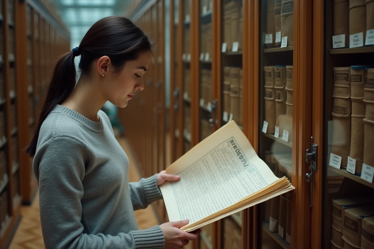 Jeune femme consultant des registres d'état civil anciens dans une salle d'archives régionales en France pour une recherche généalogique