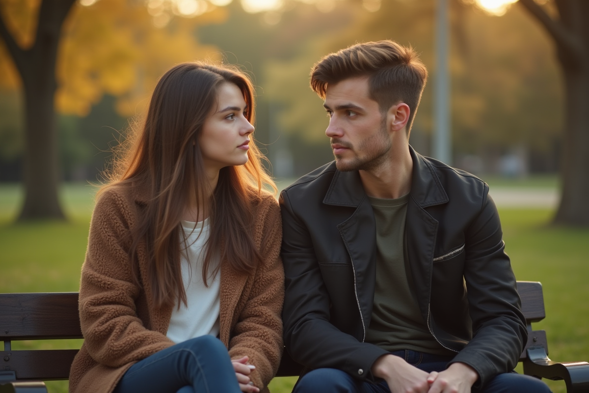 Jeune femme et homme pensifs sur un banc de parc
