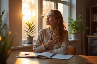 Jeune femme méditant en journalisant ses émotions dans un salon lumineux
