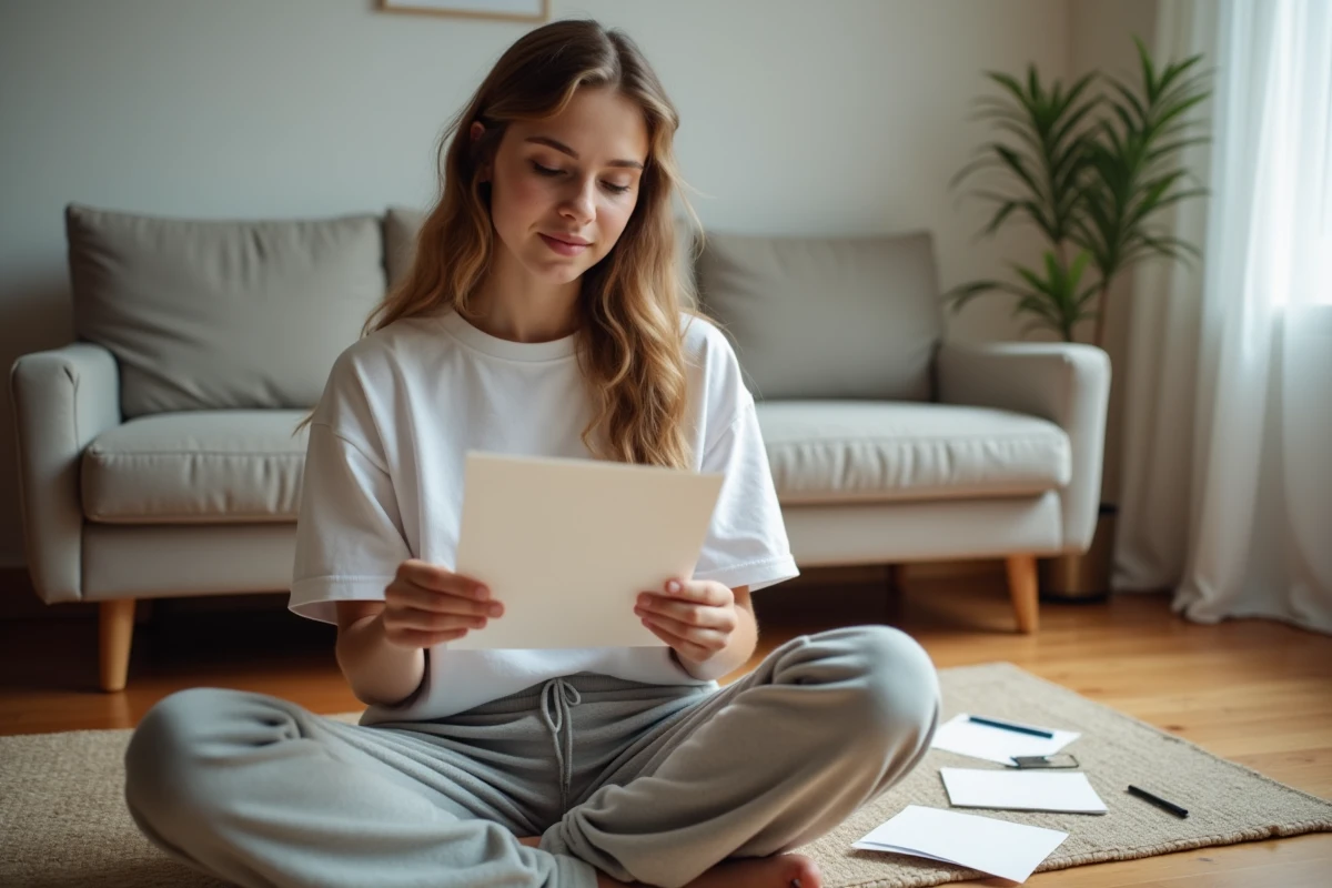 Jeune femme lisant un poème manuscrit pour ses parents assise sur le sol d'un salon, expression émue et nostalgique