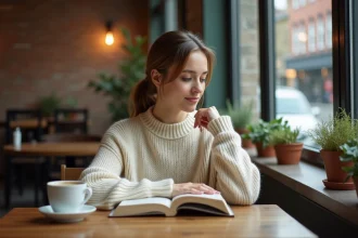 Jeune femme brune trentenaire lisant dans un café cosy, evoquant la réflexion sur la maternité et les projets de vie