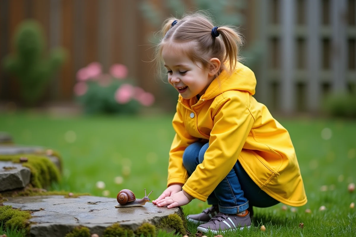 Jeune fille en imper jaune observe un escargot dans le jardin