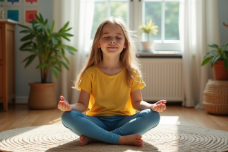 Jeune fille méditant dans un salon lumineux et cosy