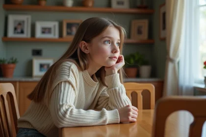 Jeune fille de 16 ans regardant par la fenetre dans un interieur familial