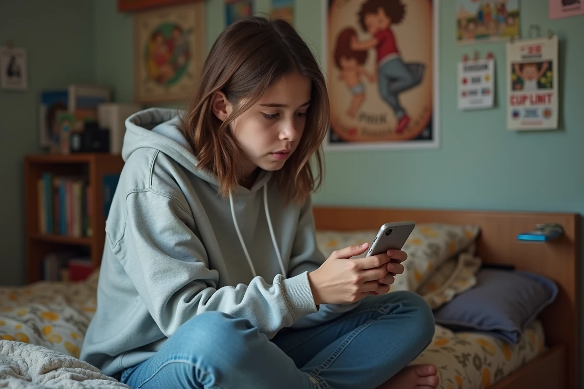 Jeune fille assise sur son lit dans sa chambre avec posters