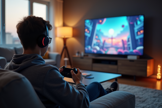 Jeune homme jouant aux jeux vidéo dans un salon moderne