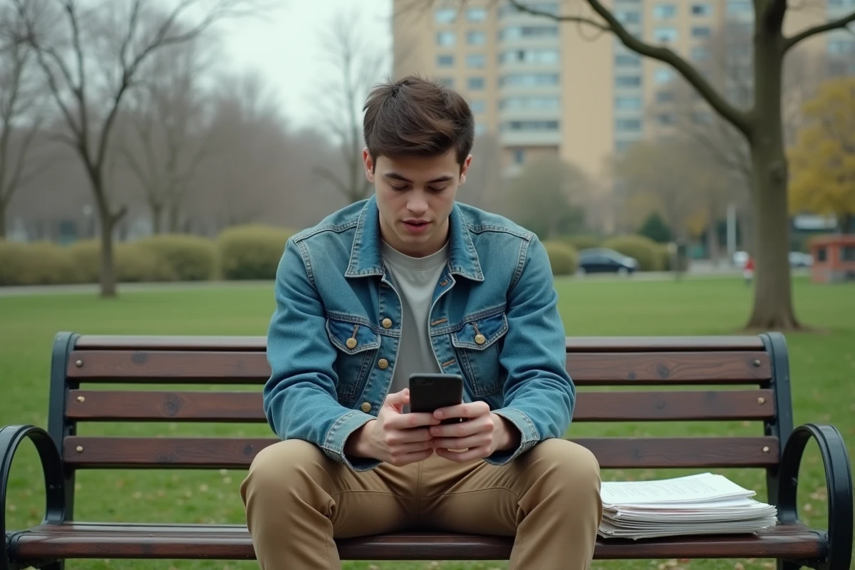 Jeune homme en plein air regardant son téléphone dans un parc