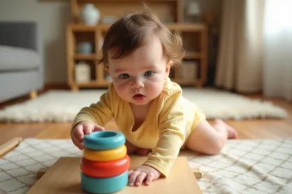 Bébé de 1 an en train de jouer avec des anneaux de motricité colorés sur un tapis en bois dans un salon chaleureux