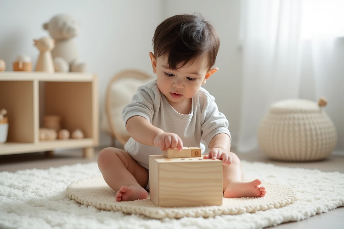 Bébé de 11 mois concentré sur un cube de tri de formes en bois dans une chambre de style scandinave épurée